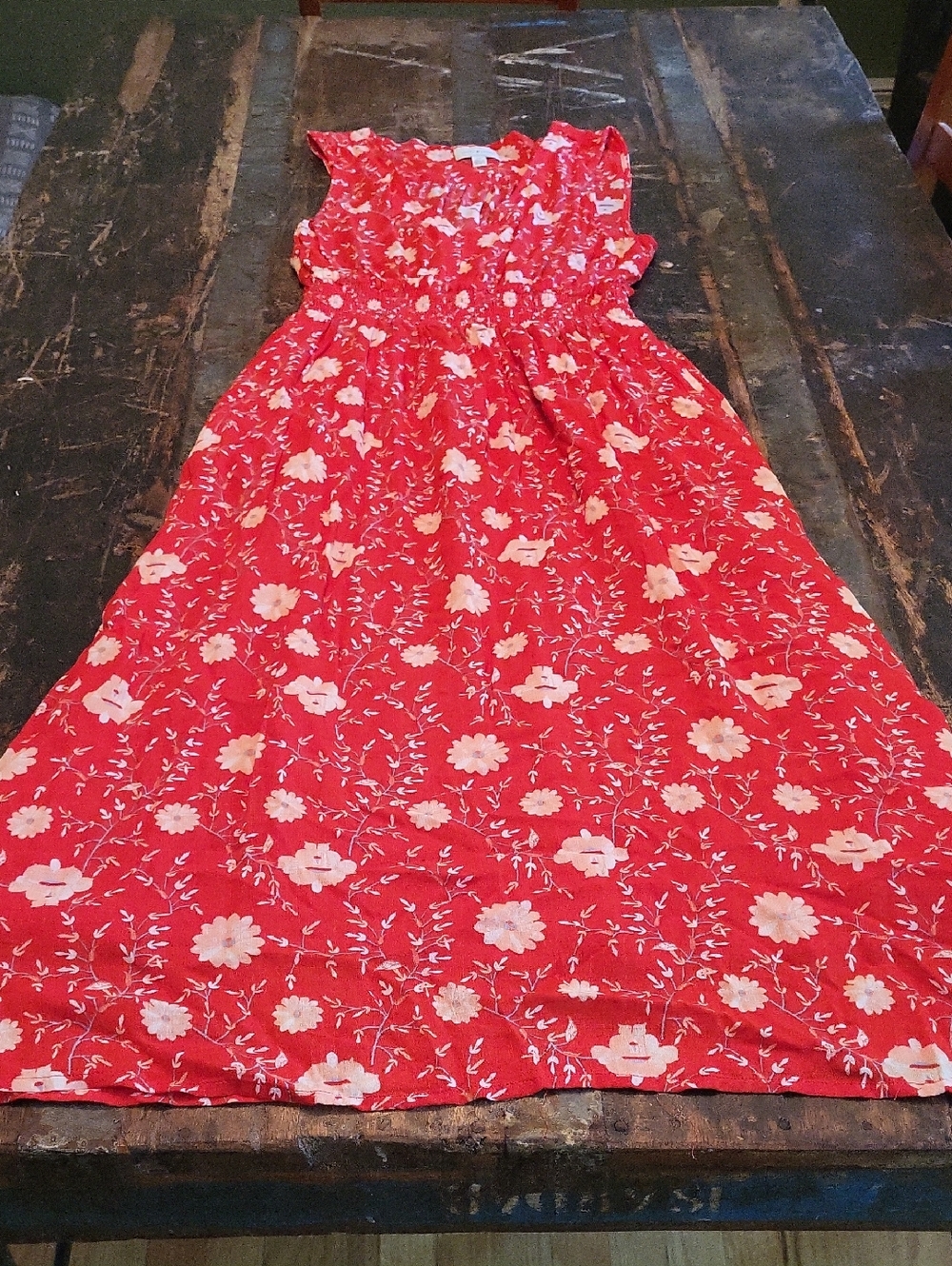 Lucky Brand Red Floral Maxi Dress with Cream Accents